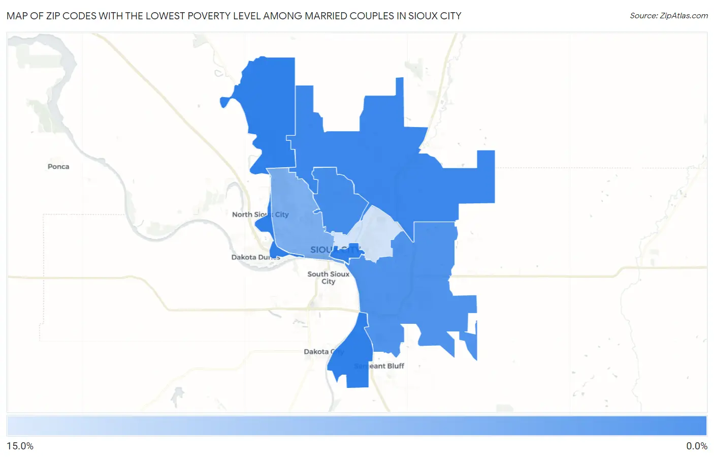 Zip Codes with the Lowest Poverty Level Among Married Couples in Sioux City Map