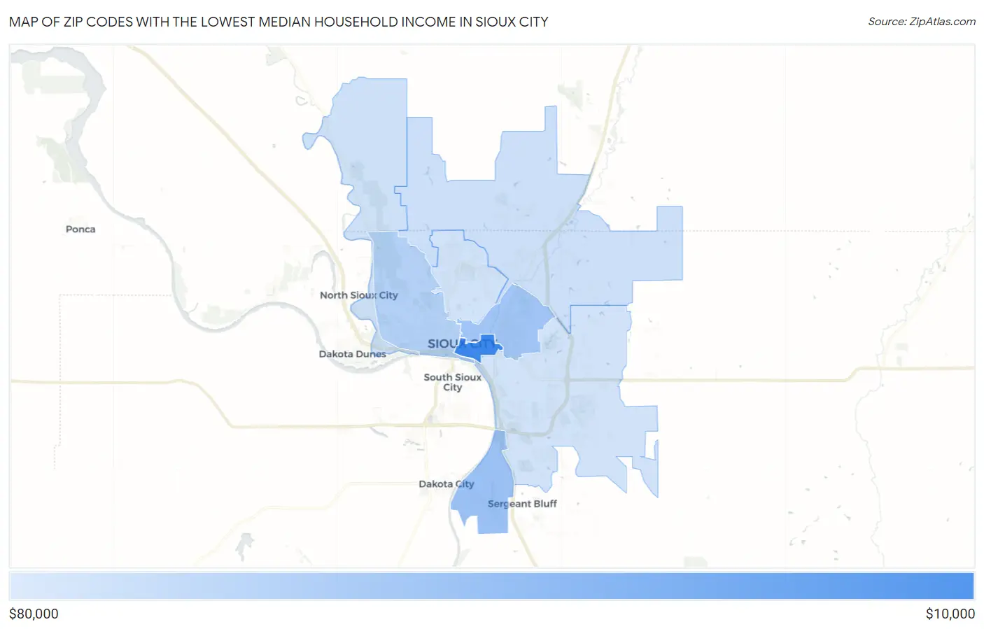 Zip Codes with the Lowest Median Household Income in Sioux City Map