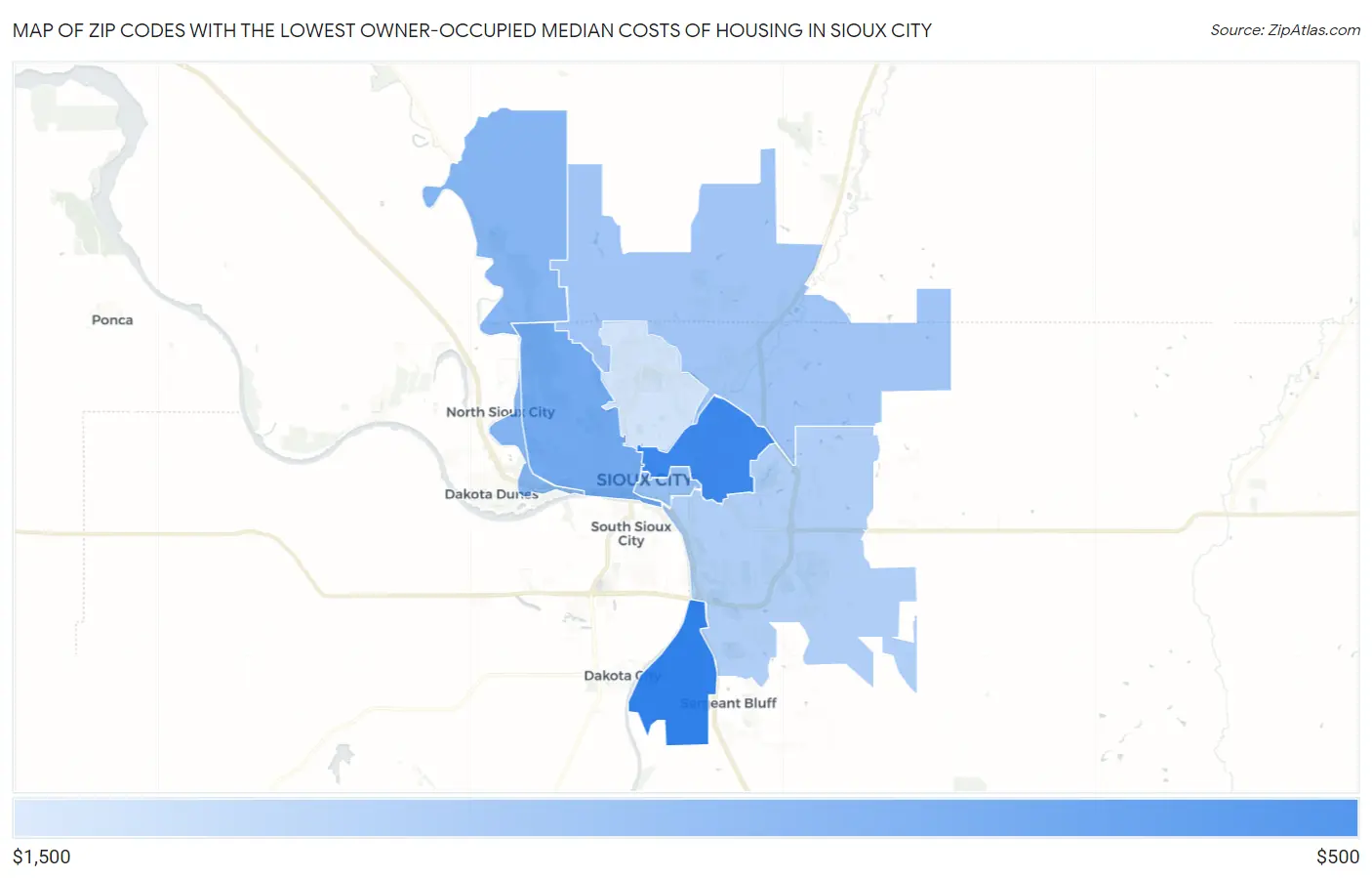 Zip Codes with the Lowest Owner-Occupied Median Costs of Housing in Sioux City Map