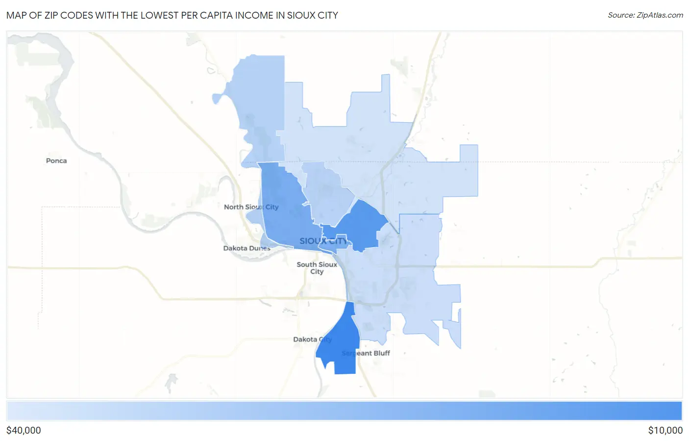 Zip Codes with the Lowest Per Capita Income in Sioux City Map