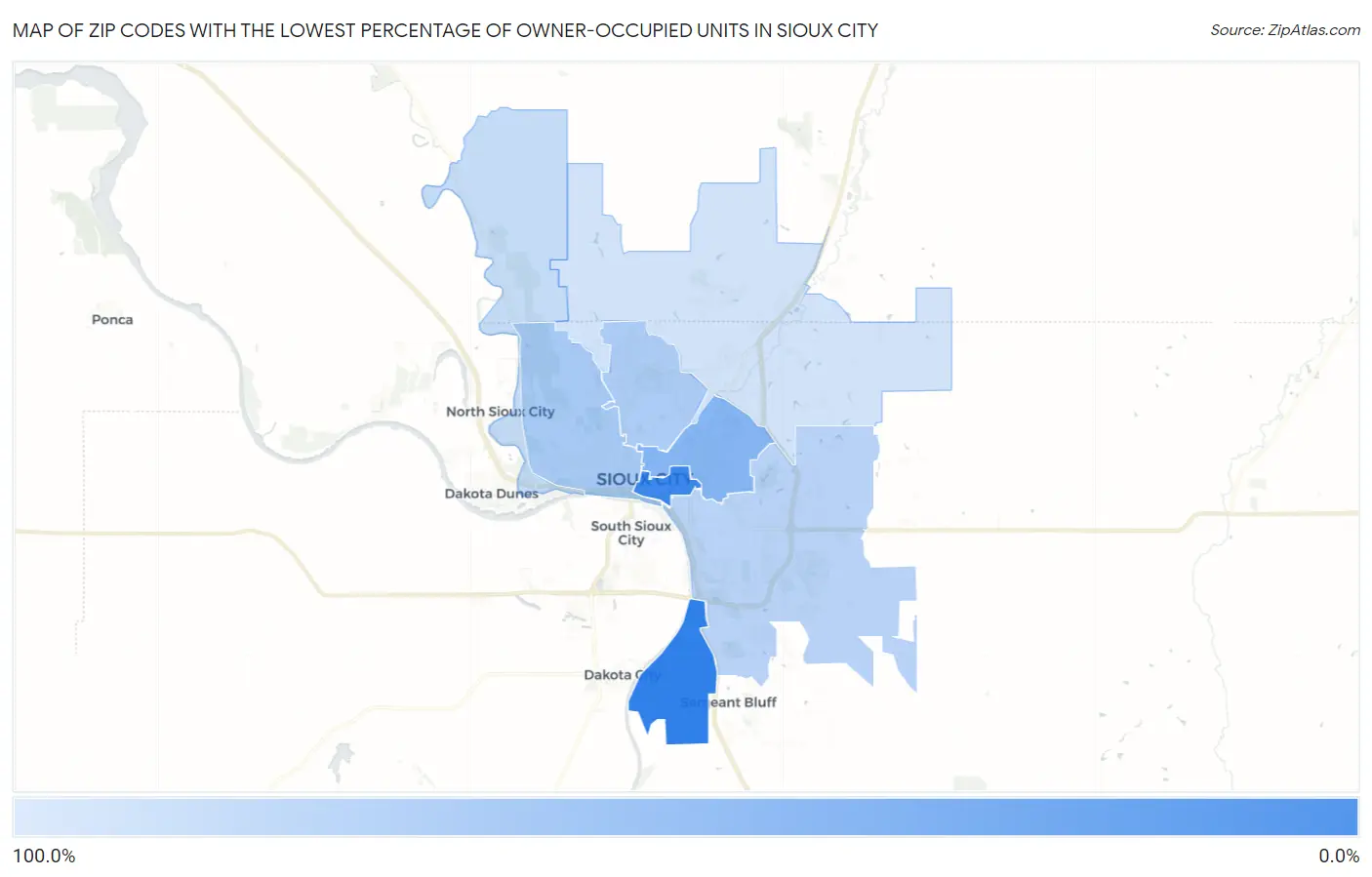 Zip Codes with the Lowest Percentage of Owner-Occupied Units in Sioux City Map