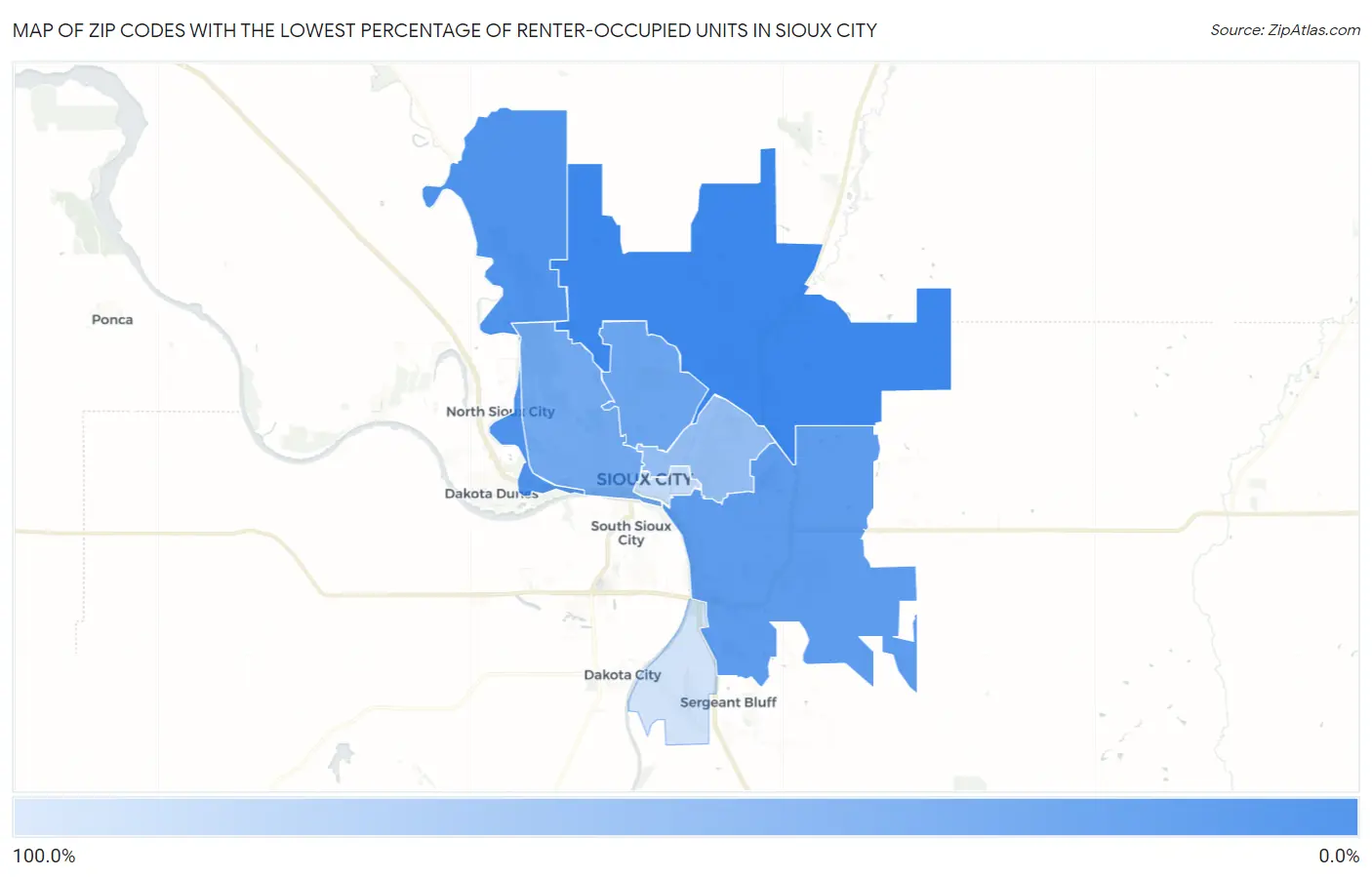 Zip Codes with the Lowest Percentage of Renter-Occupied Units in Sioux City Map