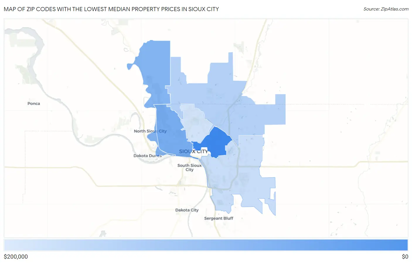 Zip Codes with the Lowest Median Property Prices in Sioux City Map
