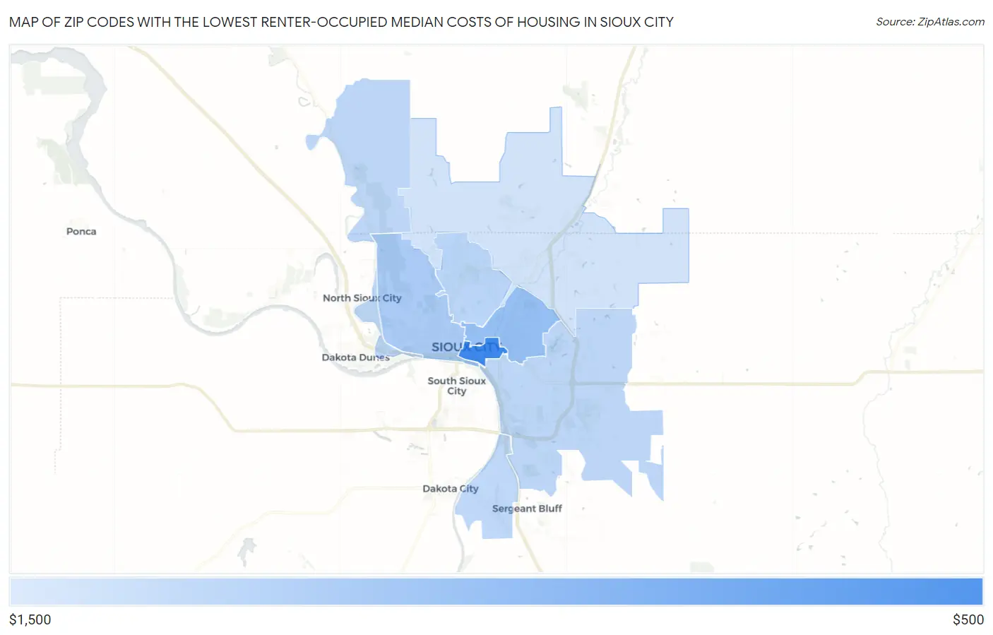 Zip Codes with the Lowest Renter-Occupied Median Costs of Housing in Sioux City Map