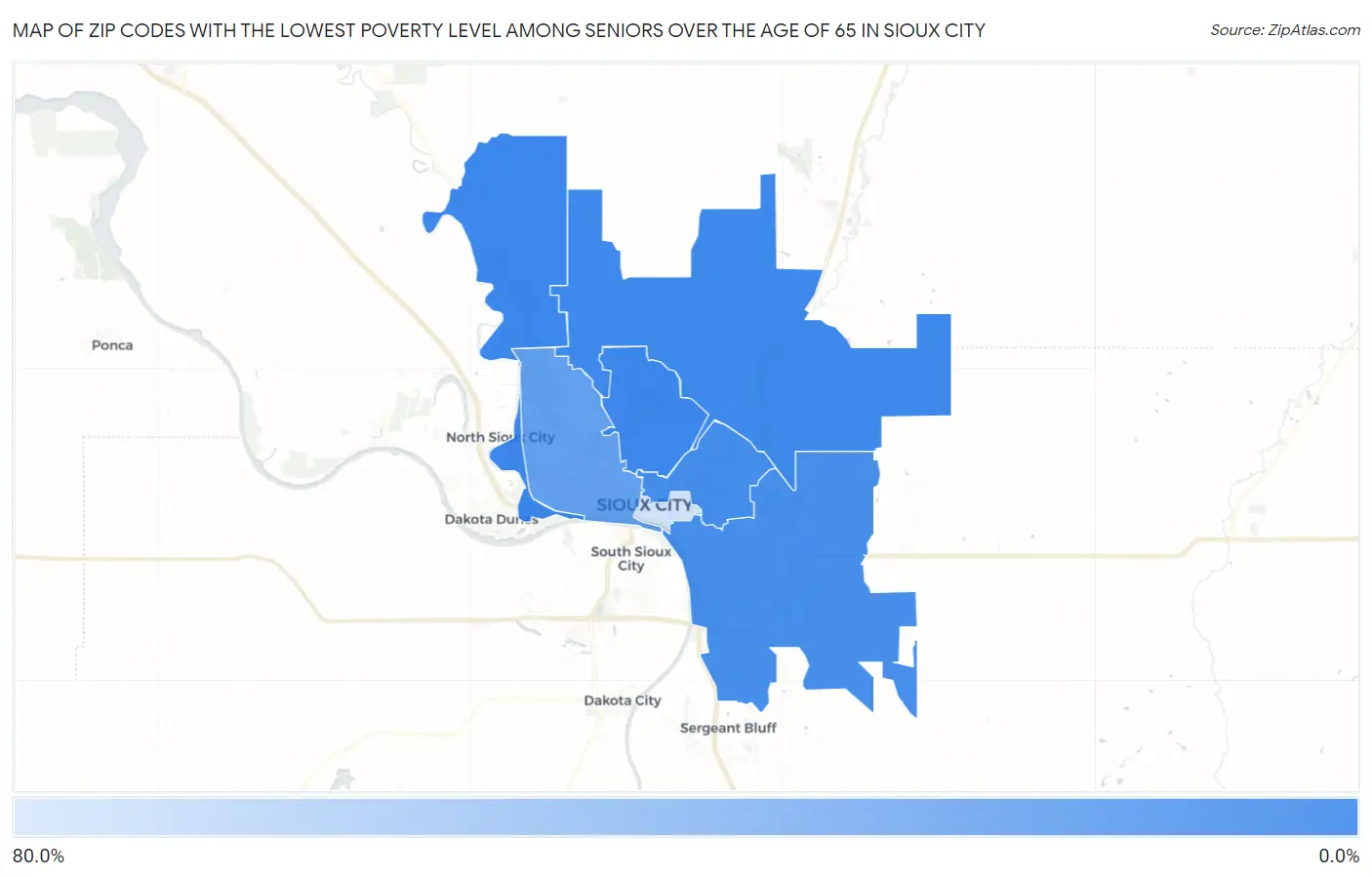 Zip Codes with the Lowest Poverty Level Among Seniors Over the Age of 65 in Sioux City Map