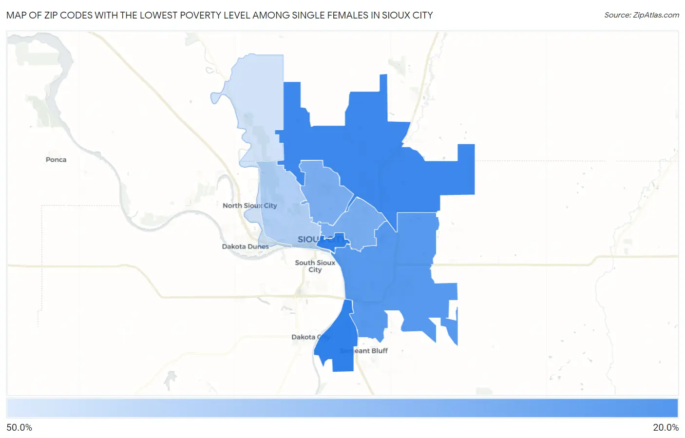 Zip Codes with the Lowest Poverty Level Among Single Females in Sioux City Map
