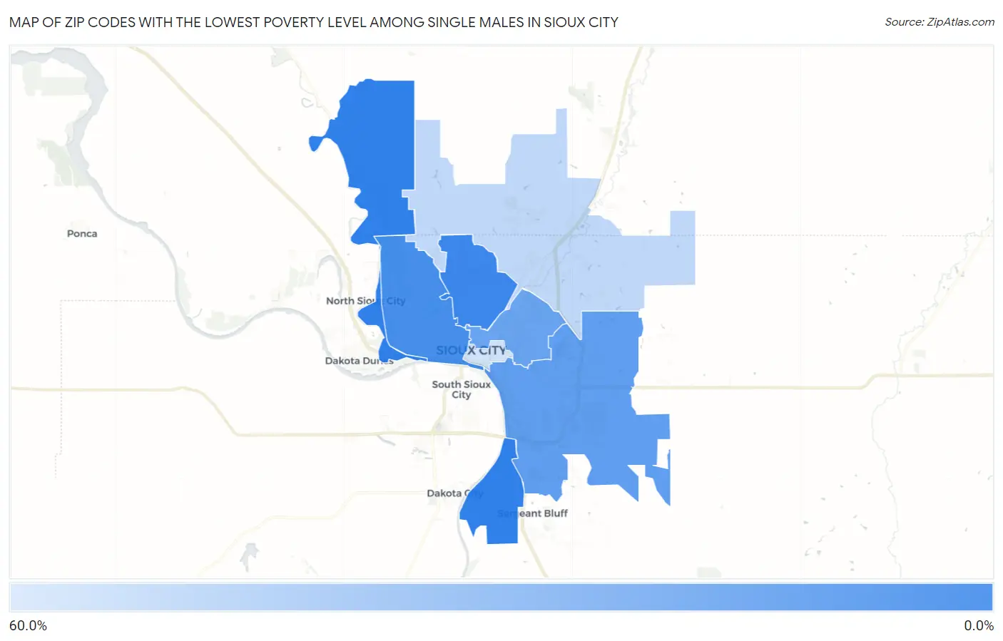 Zip Codes with the Lowest Poverty Level Among Single Males in Sioux City Map