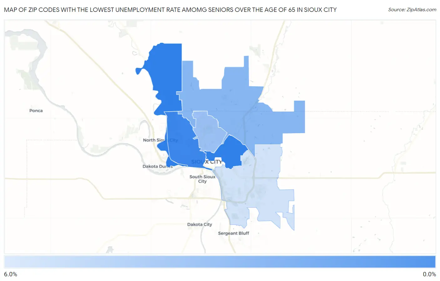Zip Codes with the Lowest Unemployment Rate Amomg Seniors Over the Age of 65 in Sioux City Map