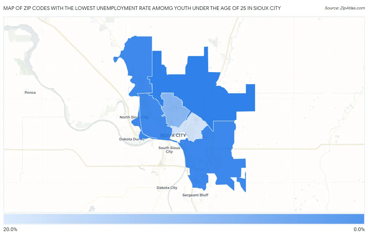 Zip Codes with the Lowest Unemployment Rate Amomg Youth Under the Age of 25 in Sioux City Map