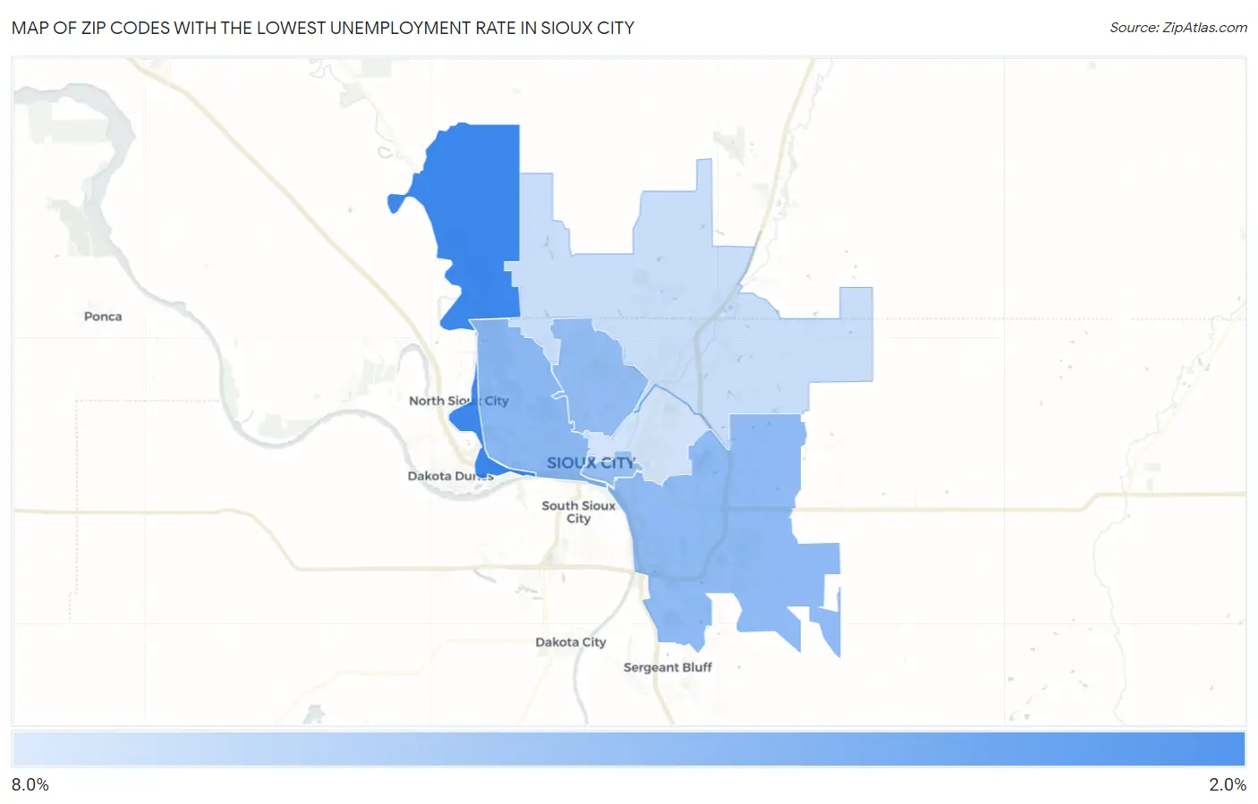 Zip Codes with the Lowest Unemployment Rate in Sioux City Map
