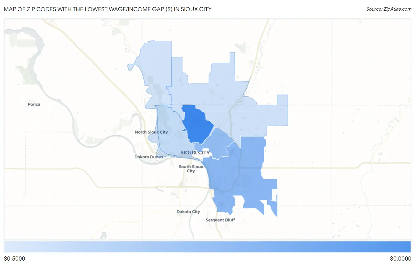 Zip Codes with the Lowest Wage/Income Gap ($) in Sioux City Map