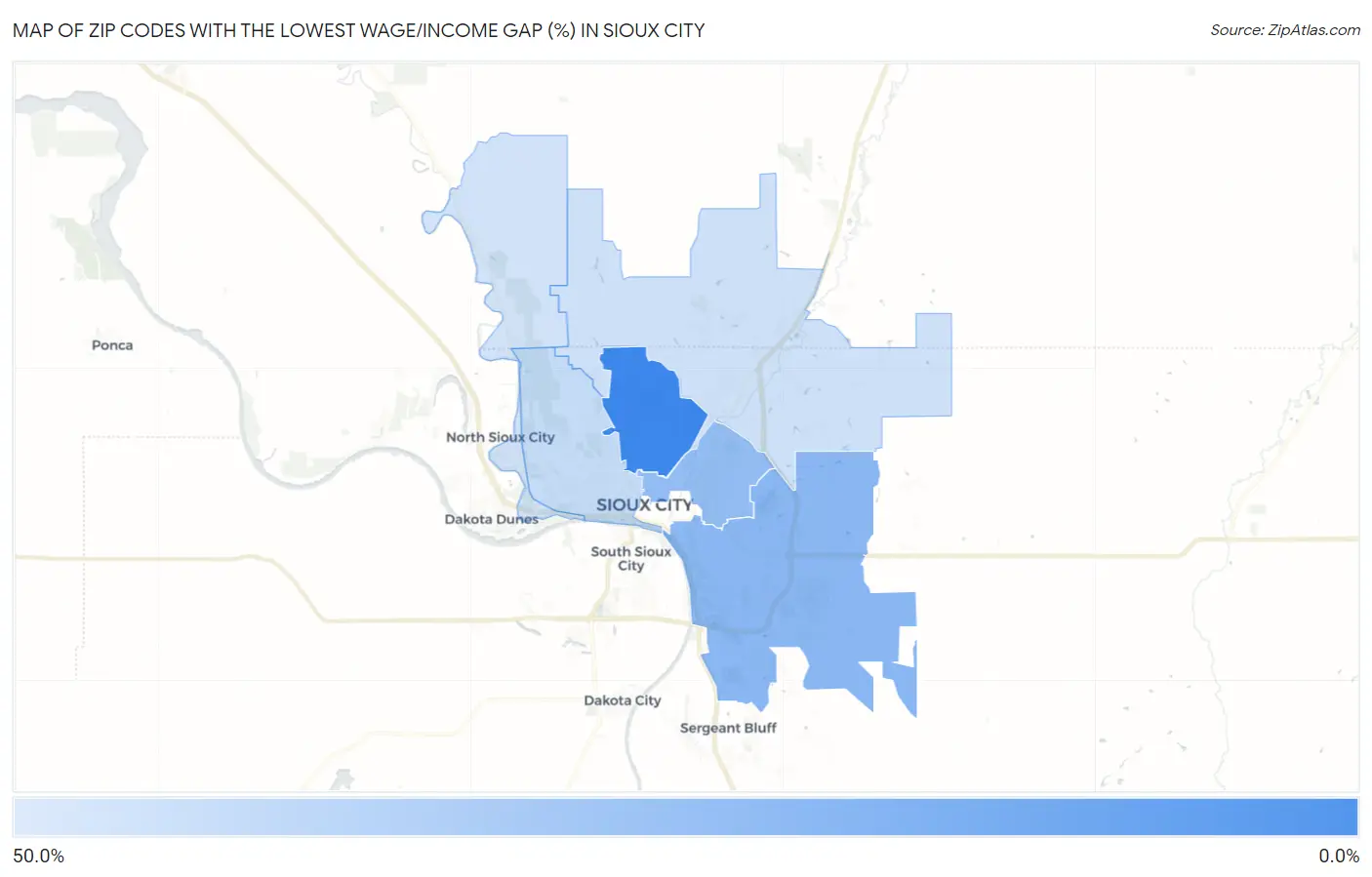 Zip Codes with the Lowest Wage/Income Gap (%) in Sioux City Map