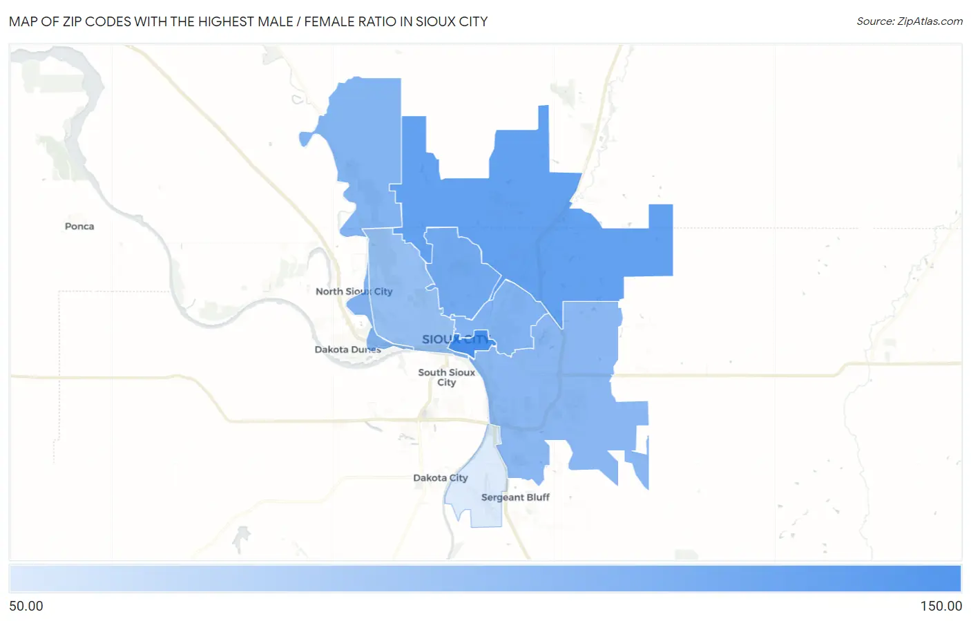 Zip Codes with the Highest Male / Female Ratio in Sioux City Map