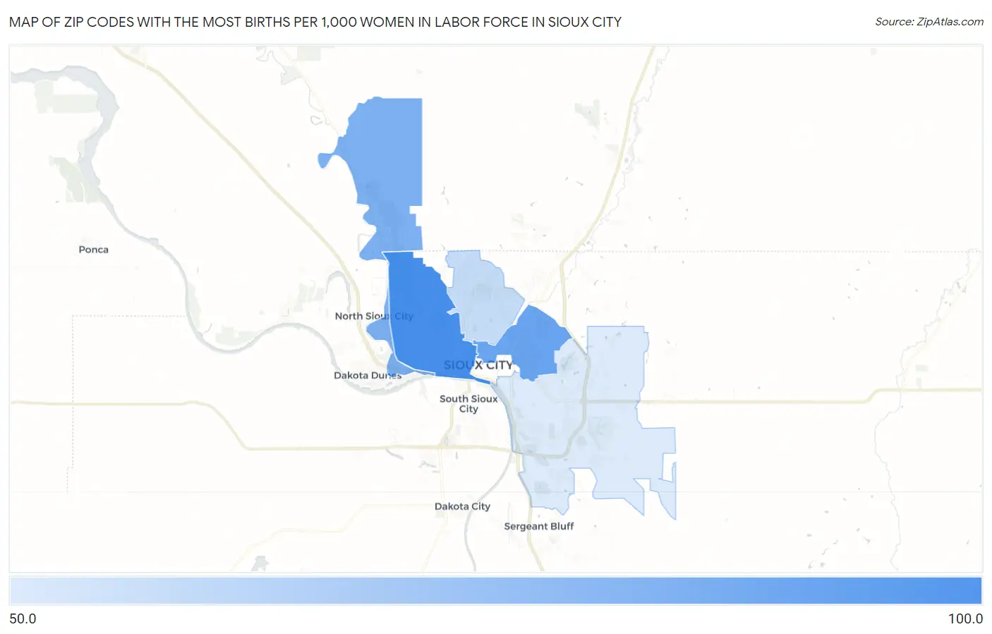 Zip Codes with the Most Births per 1,000 Women in Labor Force in Sioux City Map