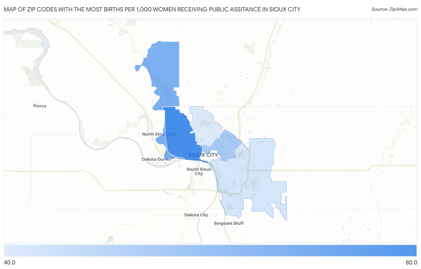 Zip Codes with the Most Births per 1,000 Women Receiving Public Assitance in Sioux City Map