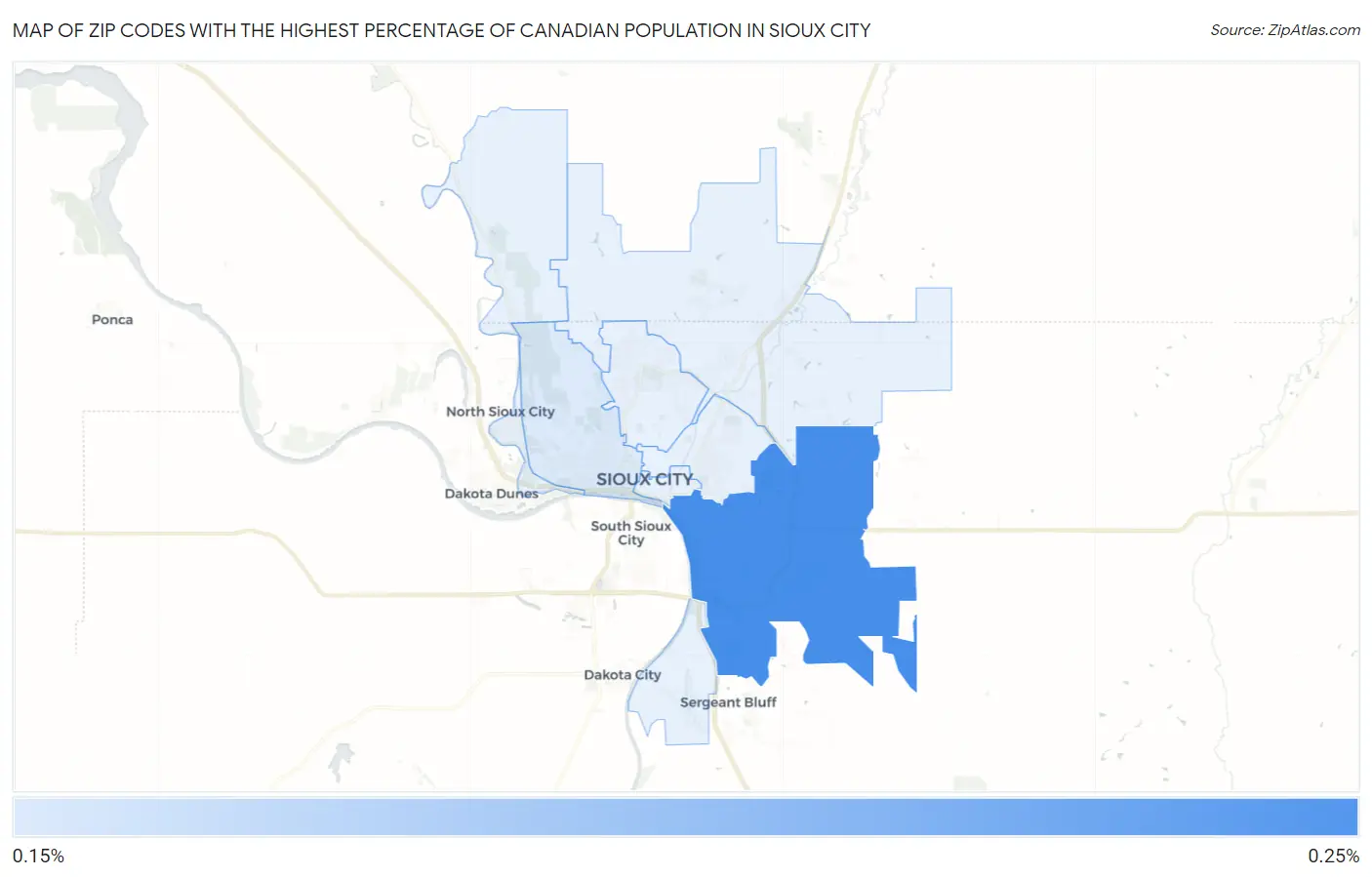 Zip Codes with the Highest Percentage of Canadian Population in Sioux City Map