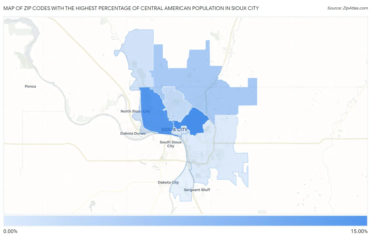 Zip Codes with the Highest Percentage of Central American Population in Sioux City Map