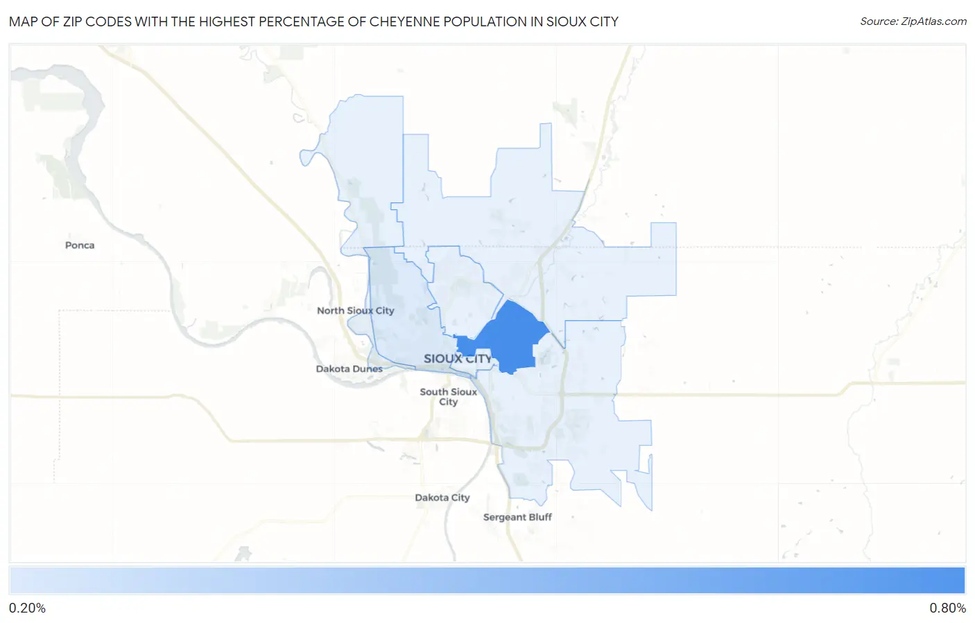 Zip Codes with the Highest Percentage of Cheyenne Population in Sioux City Map