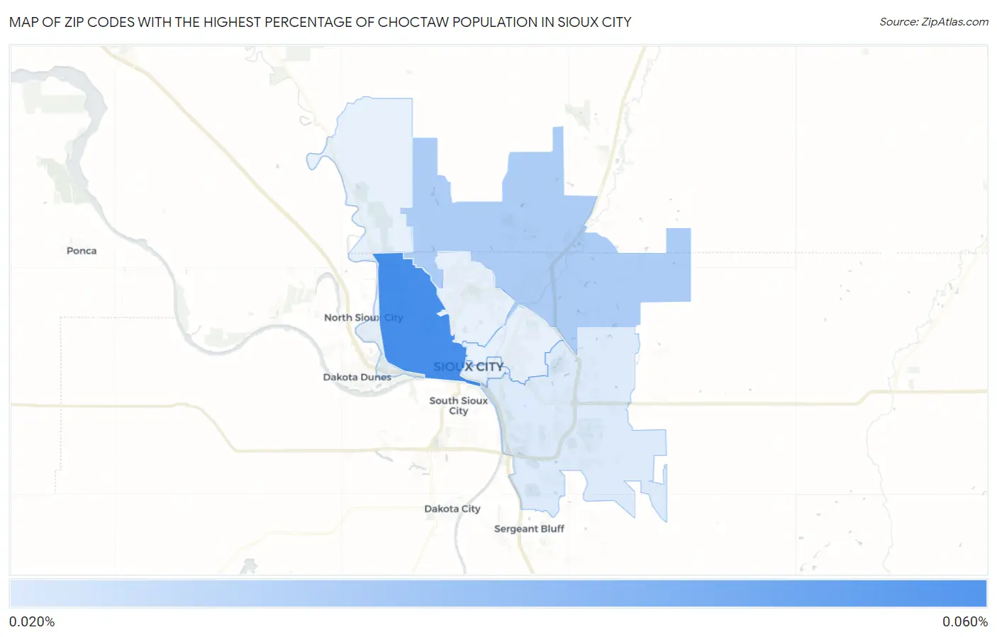 Zip Codes with the Highest Percentage of Choctaw Population in Sioux City Map