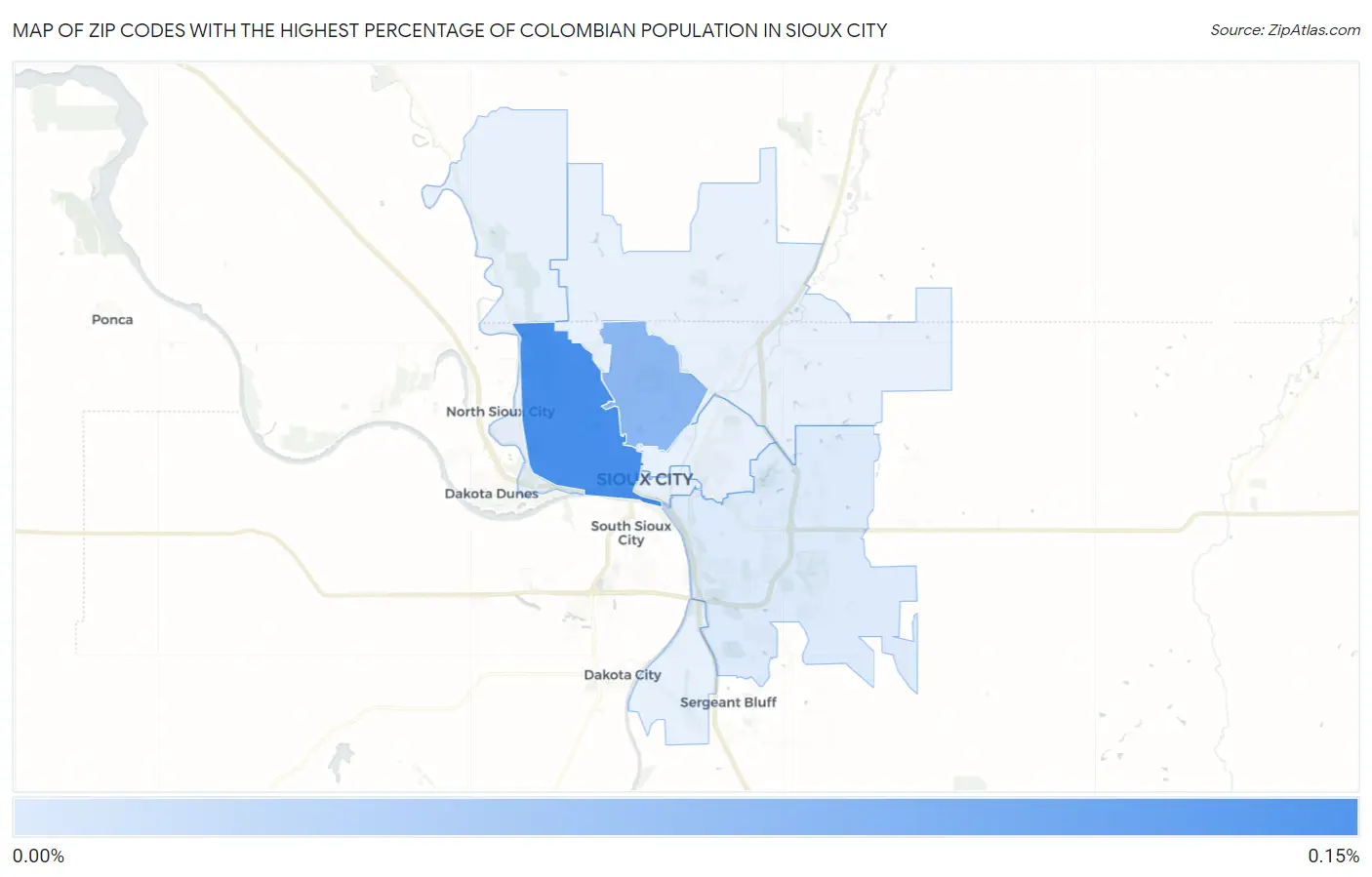Zip Codes with the Highest Percentage of Colombian Population in Sioux City Map