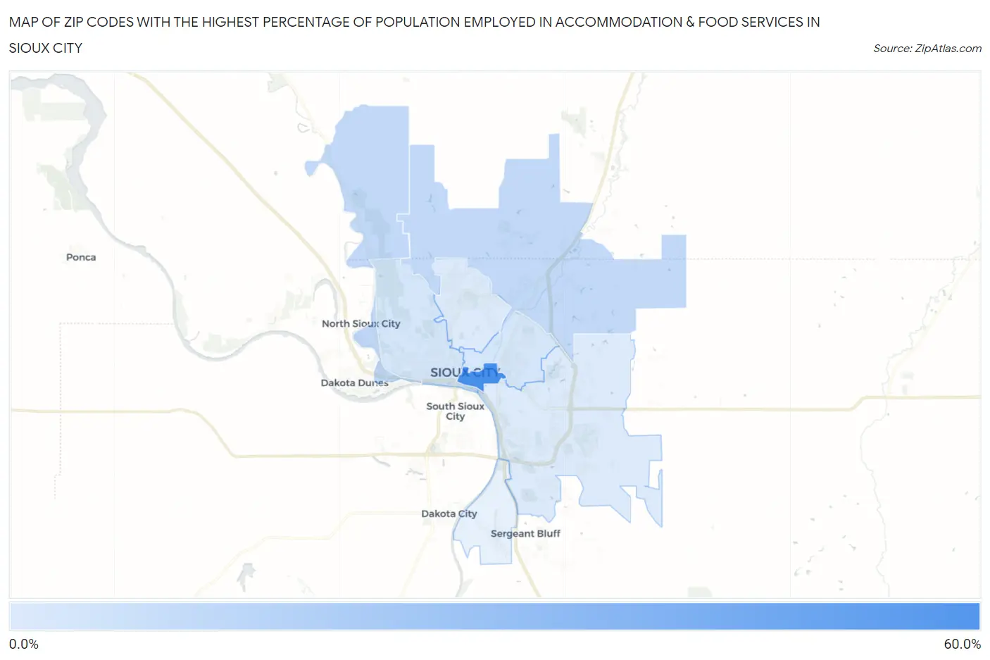 Zip Codes with the Highest Percentage of Population Employed in Accommodation & Food Services in Sioux City Map
