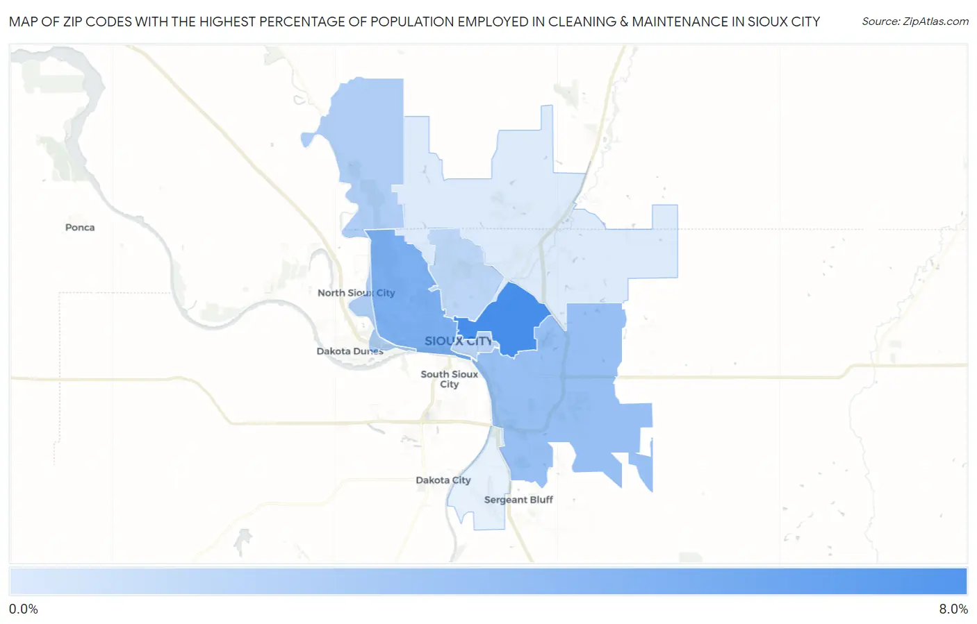 Zip Codes with the Highest Percentage of Population Employed in Cleaning & Maintenance in Sioux City Map