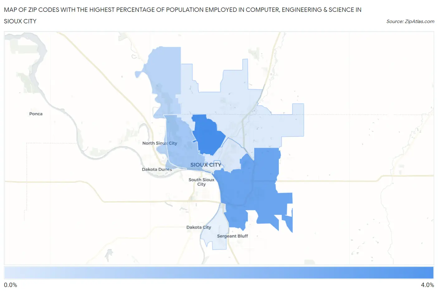 Zip Codes with the Highest Percentage of Population Employed in Computer, Engineering & Science in Sioux City Map