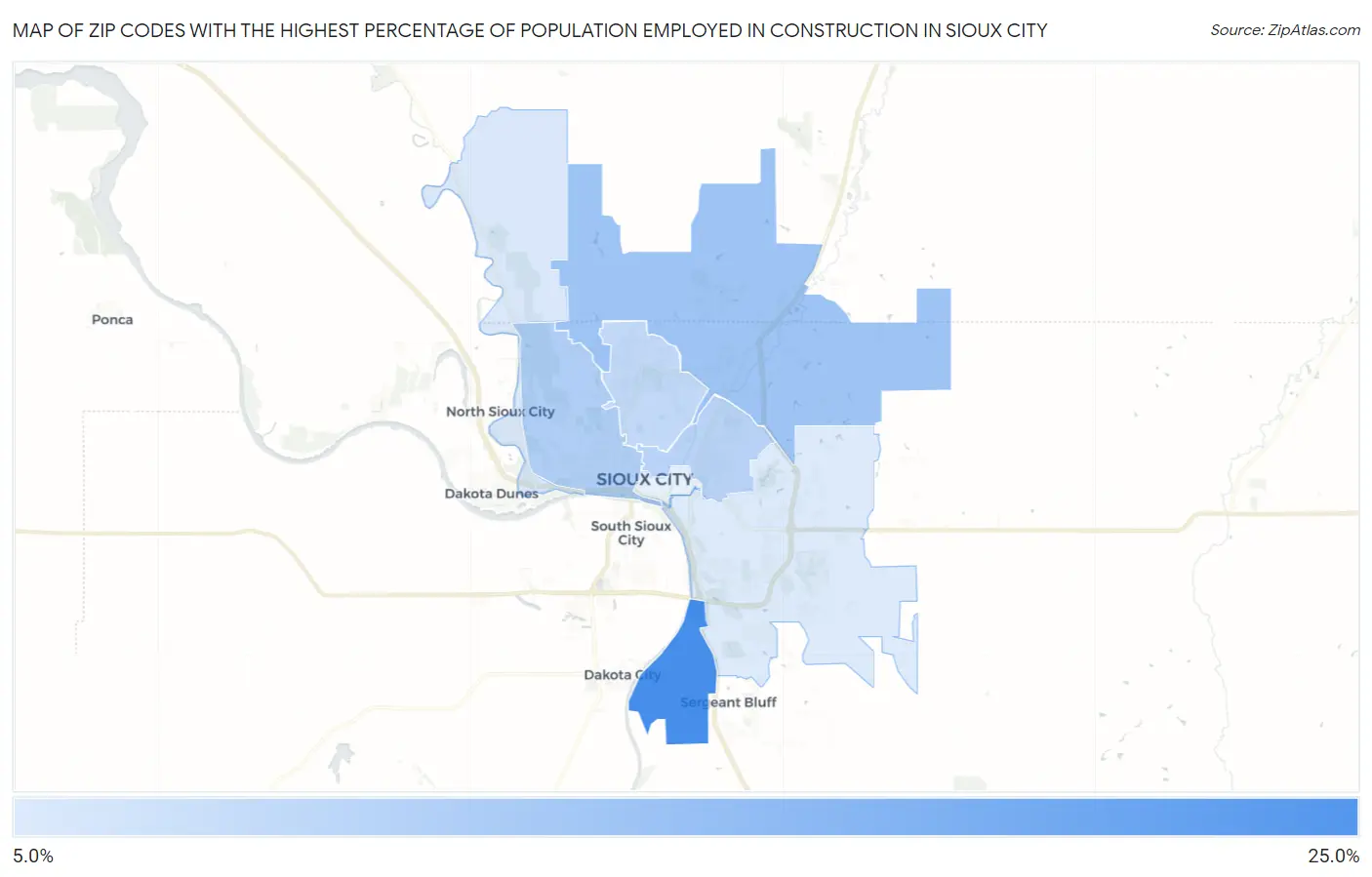 Zip Codes with the Highest Percentage of Population Employed in Construction in Sioux City Map