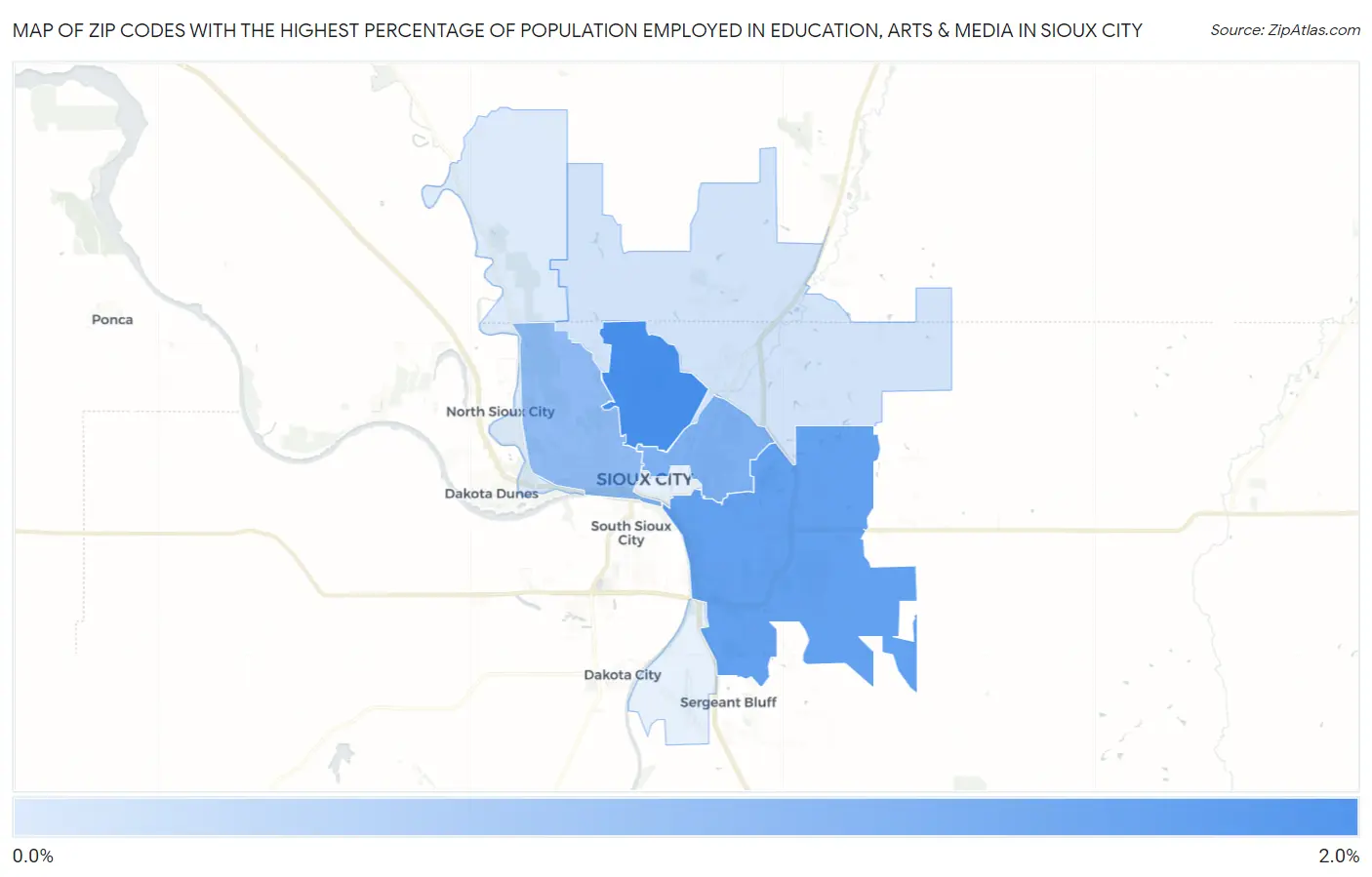 Zip Codes with the Highest Percentage of Population Employed in Education, Arts & Media in Sioux City Map
