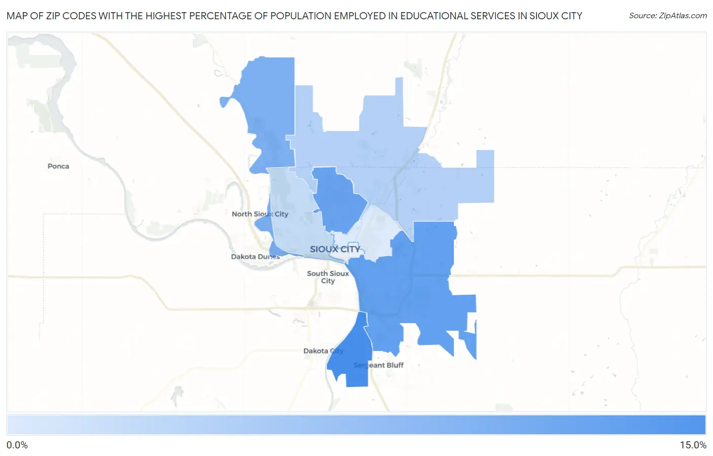 Zip Codes with the Highest Percentage of Population Employed in Educational Services in Sioux City Map