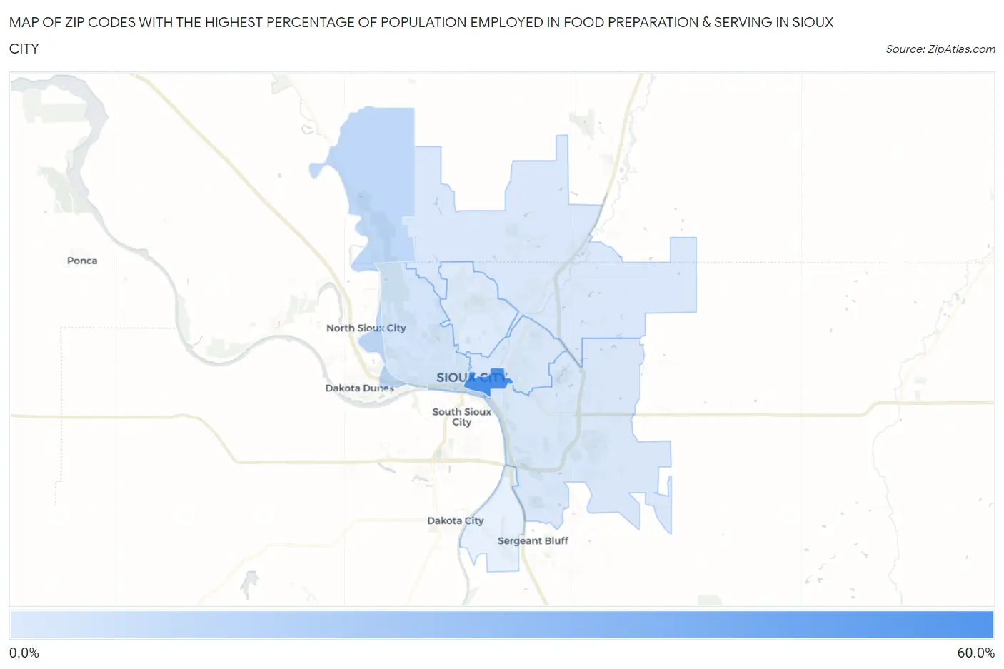 Zip Codes with the Highest Percentage of Population Employed in Food Preparation & Serving in Sioux City Map
