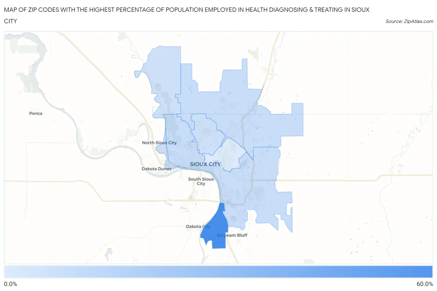 Zip Codes with the Highest Percentage of Population Employed in Health Diagnosing & Treating in Sioux City Map