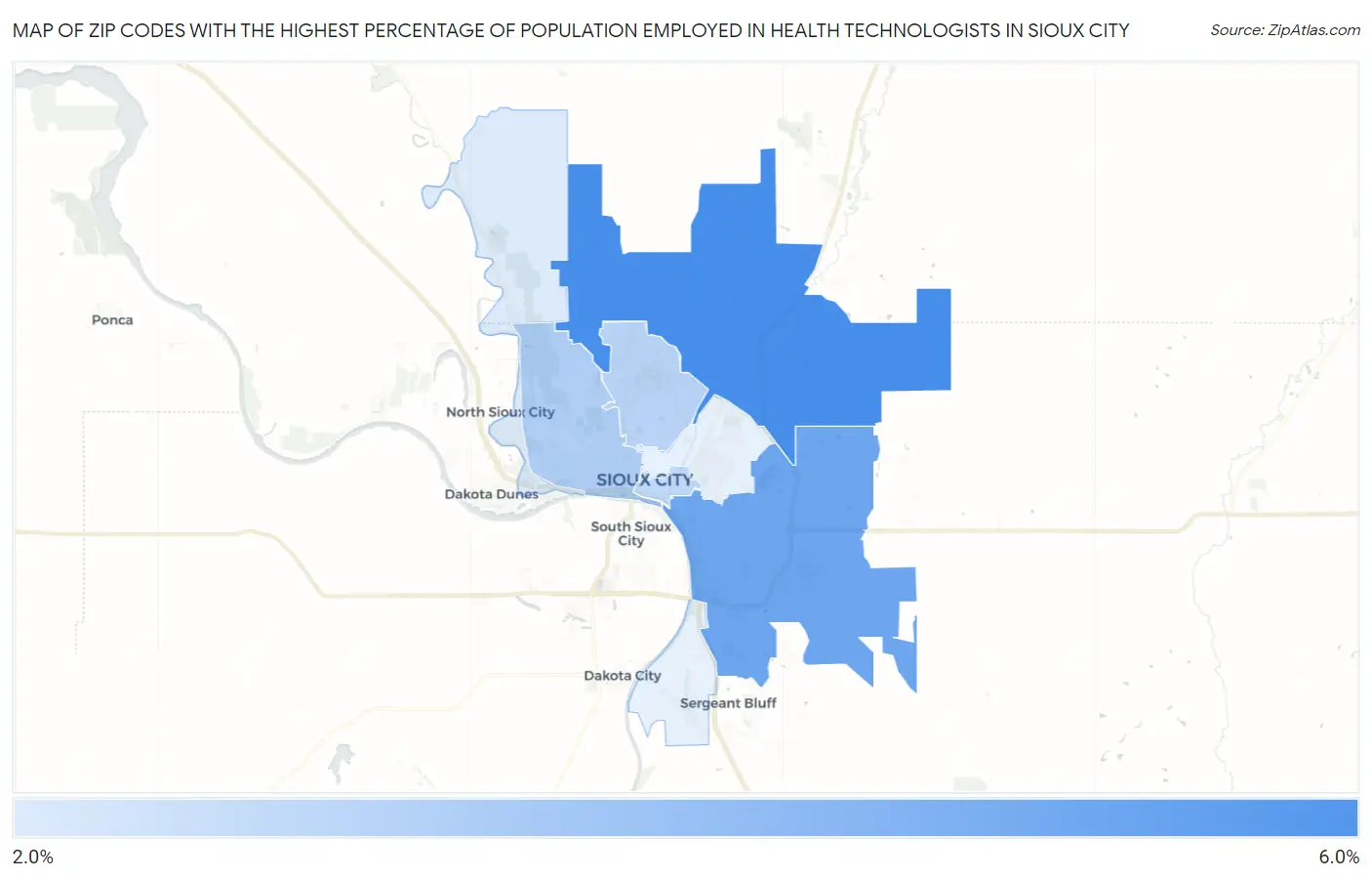 Zip Codes with the Highest Percentage of Population Employed in Health Technologists in Sioux City Map
