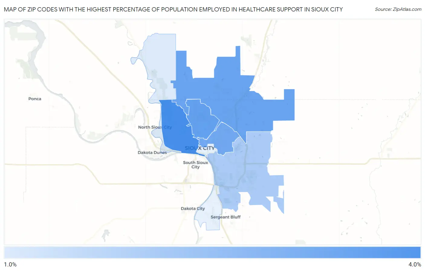 Zip Codes with the Highest Percentage of Population Employed in Healthcare Support in Sioux City Map