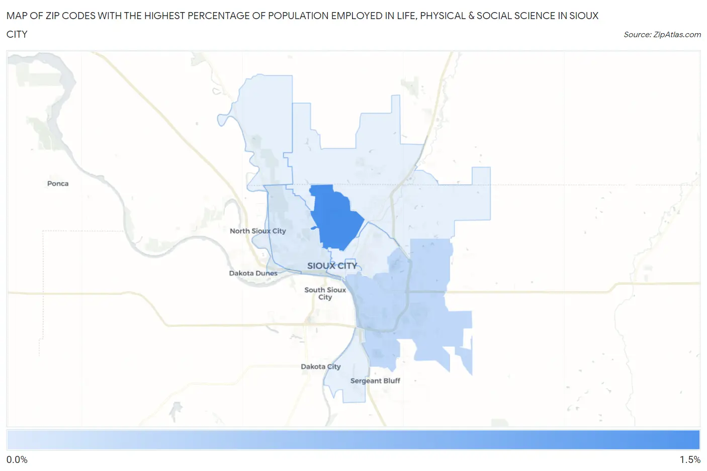 Zip Codes with the Highest Percentage of Population Employed in Life, Physical & Social Science in Sioux City Map