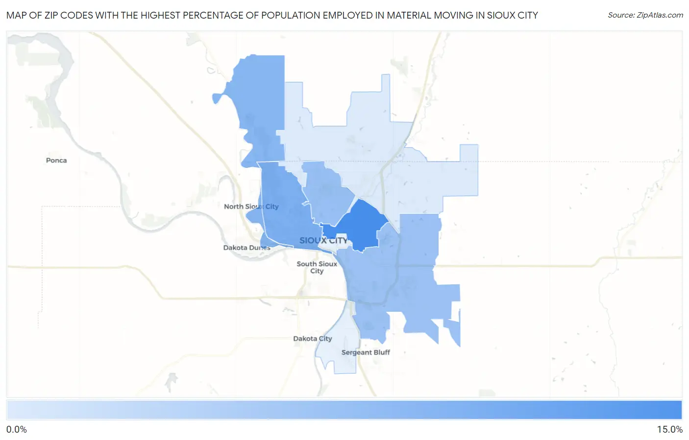 Zip Codes with the Highest Percentage of Population Employed in Material Moving in Sioux City Map