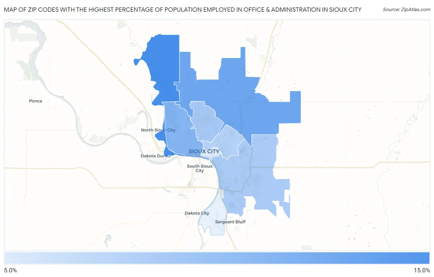 Zip Codes with the Highest Percentage of Population Employed in Office & Administration in Sioux City Map