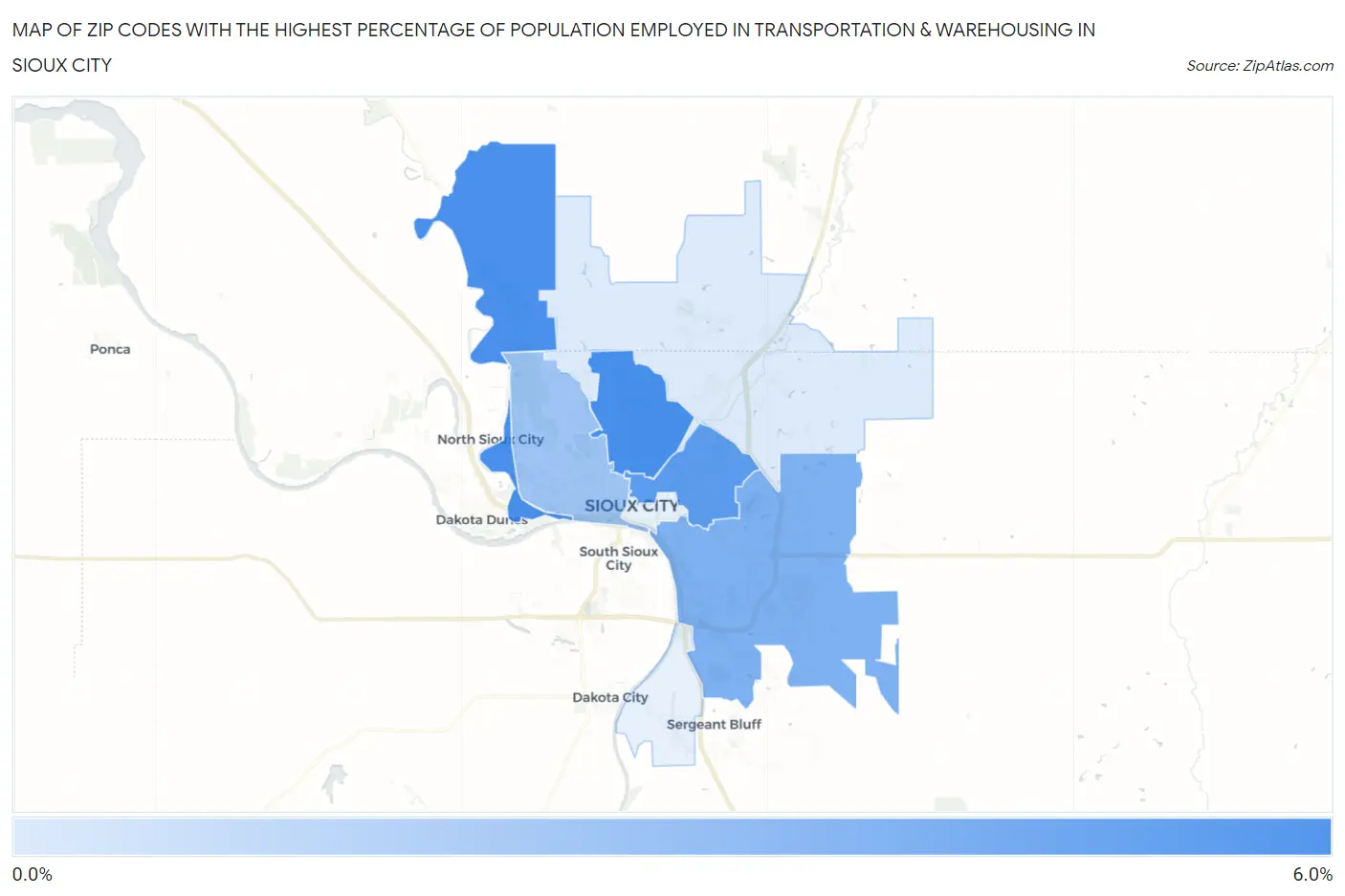 Zip Codes with the Highest Percentage of Population Employed in Transportation & Warehousing in Sioux City Map