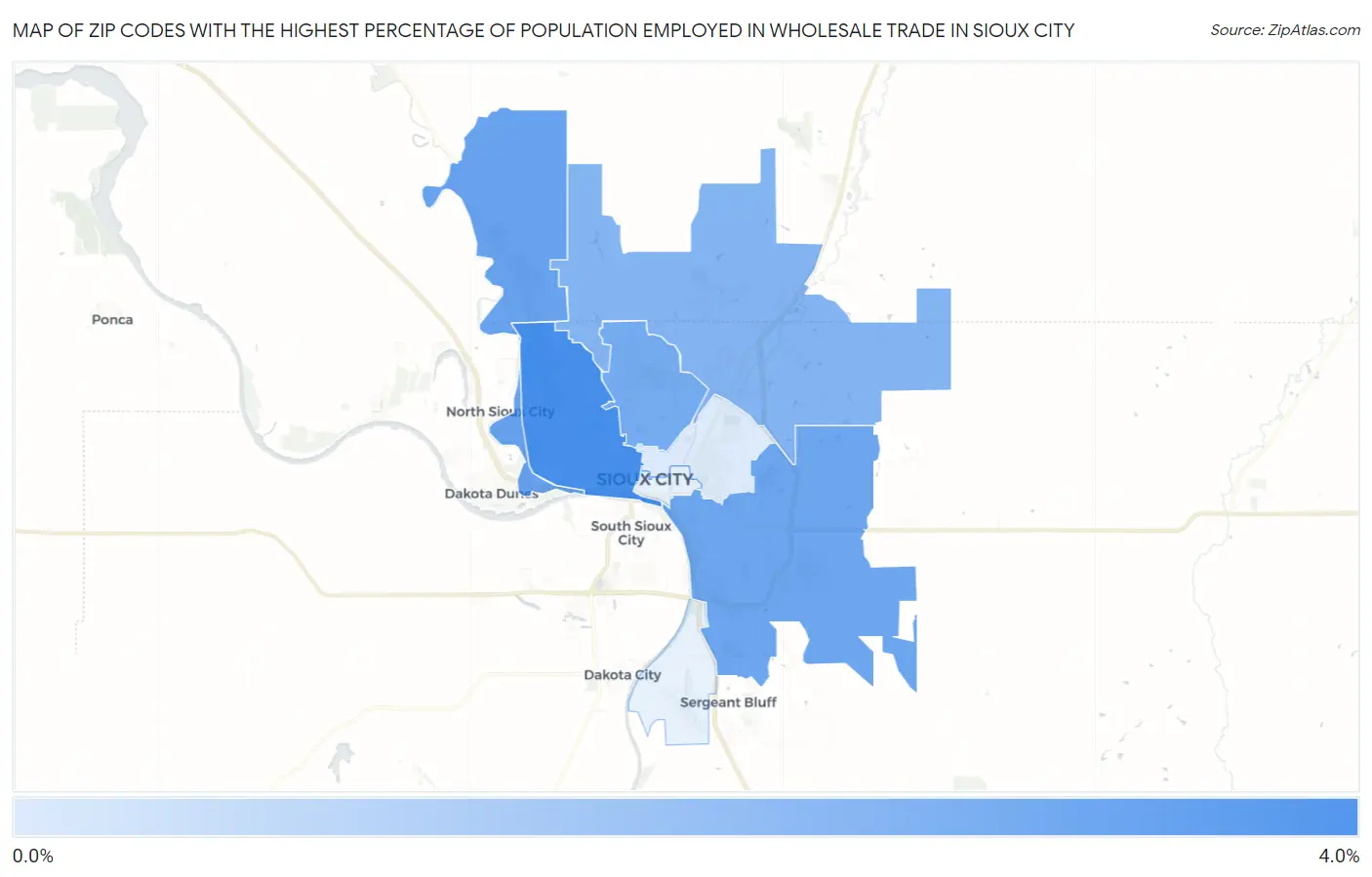 Zip Codes with the Highest Percentage of Population Employed in Wholesale Trade in Sioux City Map