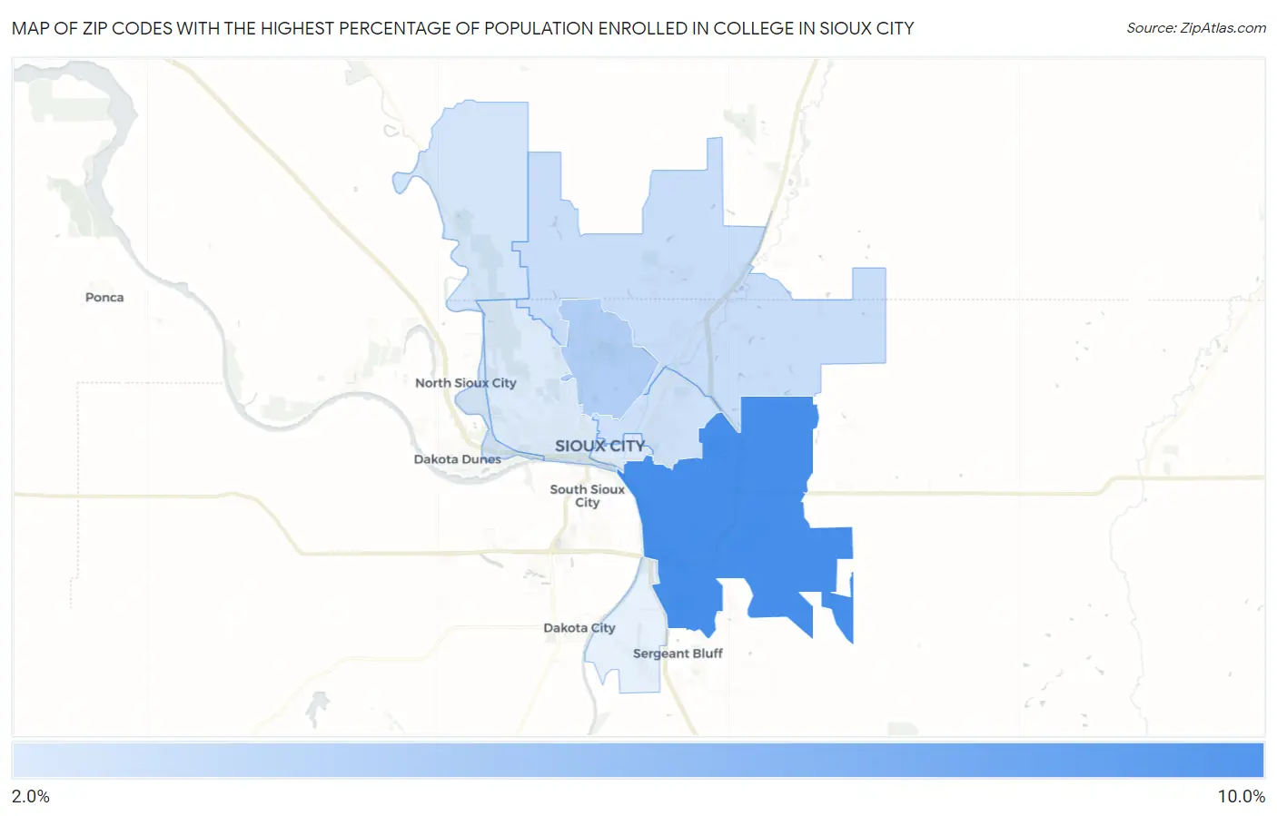 Zip Codes with the Highest Percentage of Population Enrolled in College in Sioux City Map