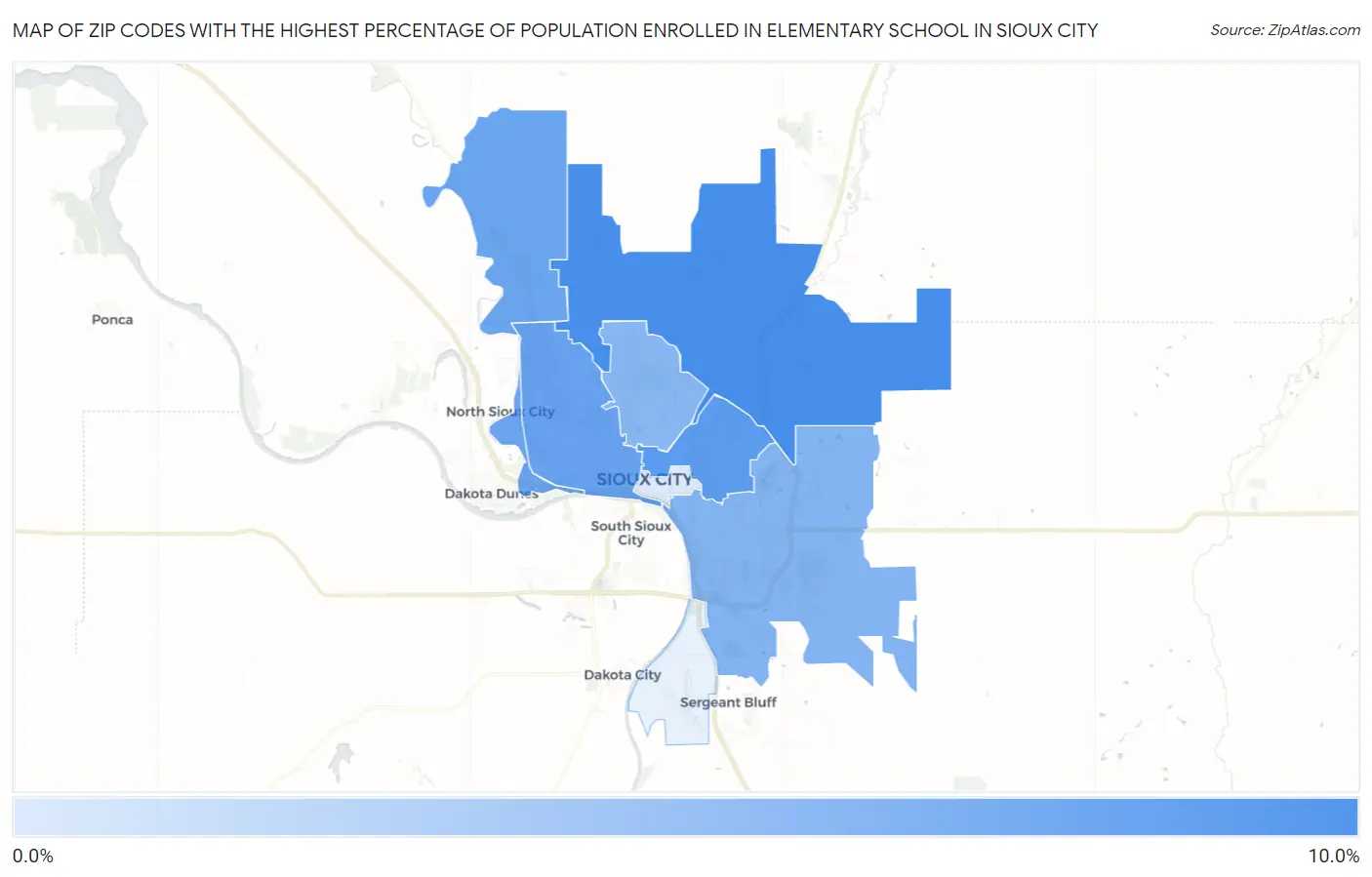 Zip Codes with the Highest Percentage of Population Enrolled in Elementary School in Sioux City Map
