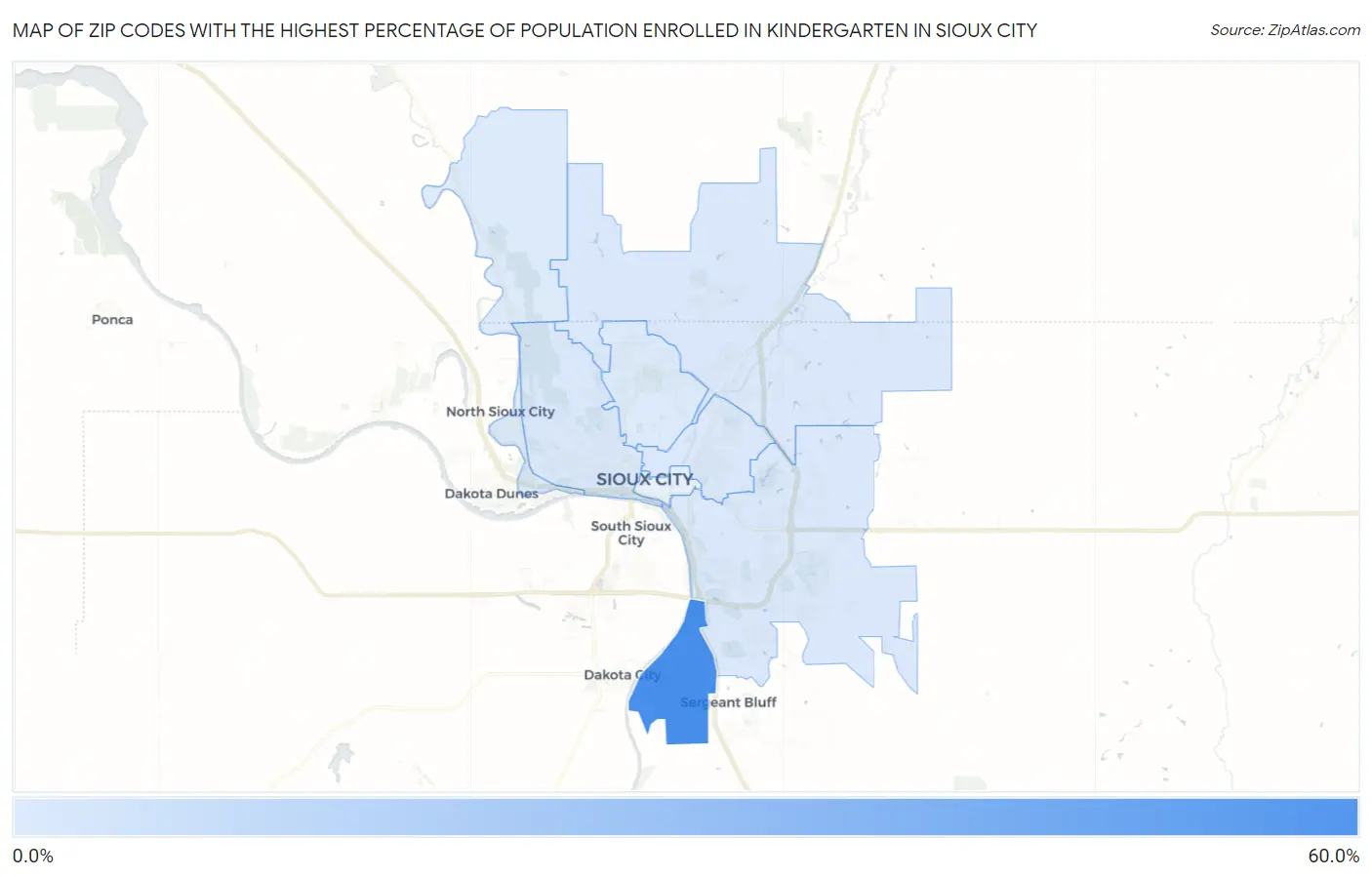 Zip Codes with the Highest Percentage of Population Enrolled in Kindergarten in Sioux City Map