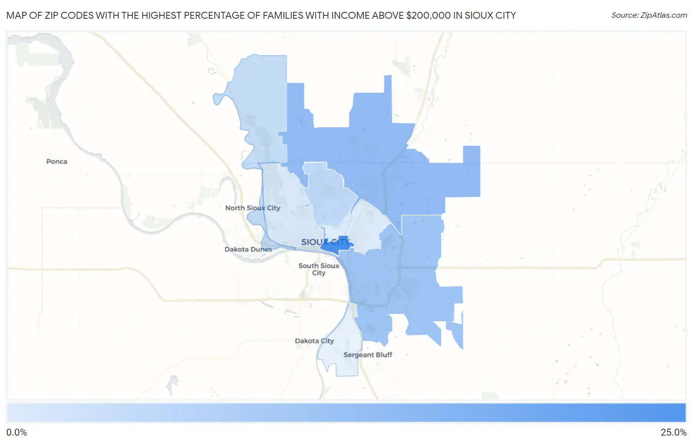 Zip Codes with the Highest Percentage of Families with Income Above $200,000 in Sioux City Map