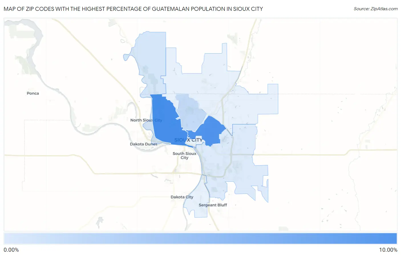 Zip Codes with the Highest Percentage of Guatemalan Population in Sioux City Map