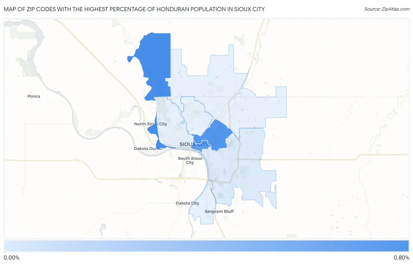 Zip Codes with the Highest Percentage of Honduran Population in Sioux City Map