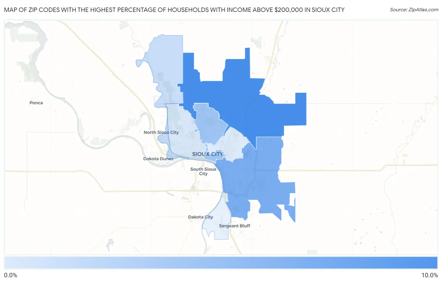 Zip Codes with the Highest Percentage of Households with Income Above $200,000 in Sioux City Map