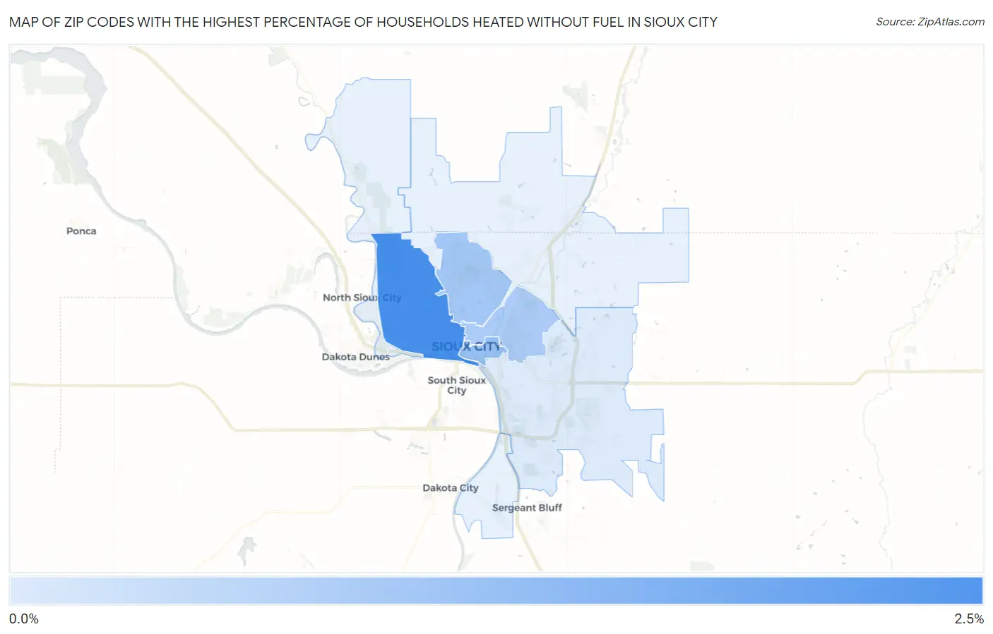 Zip Codes with the Highest Percentage of Households Heated without Fuel in Sioux City Map