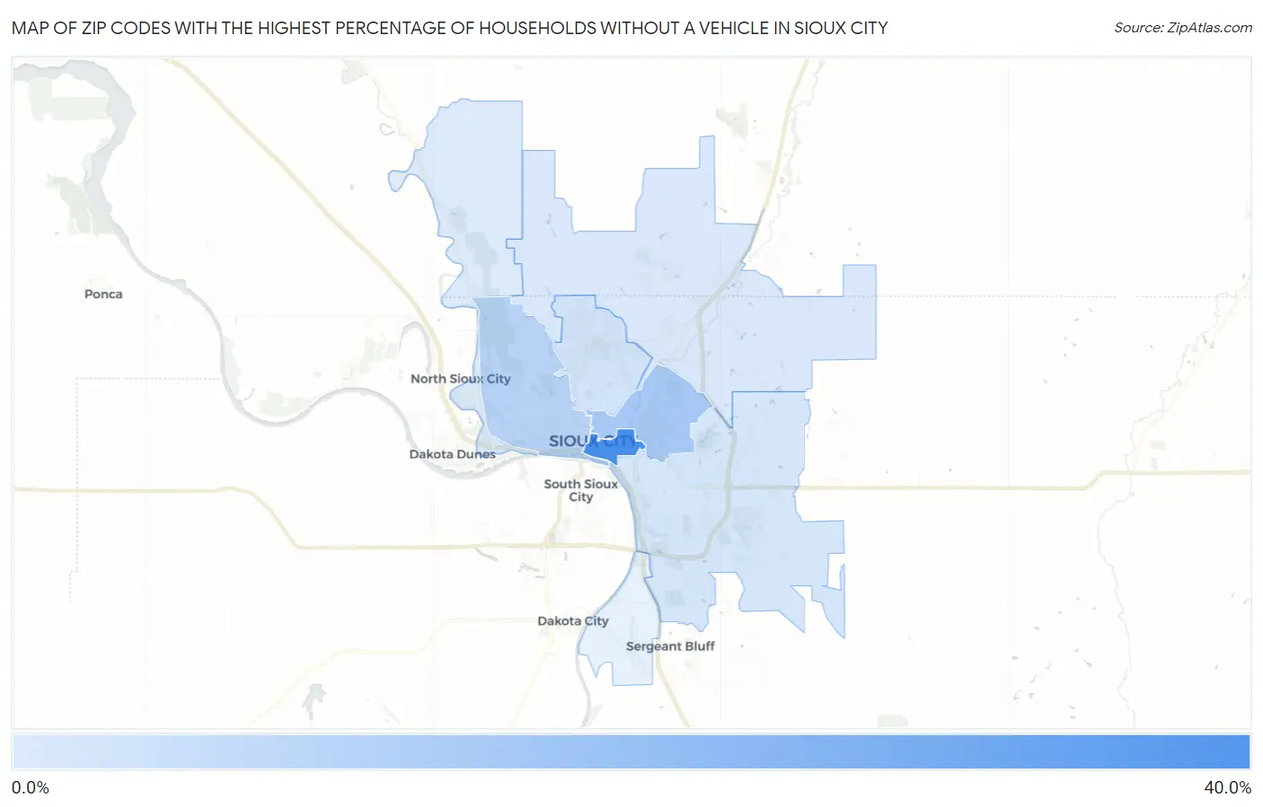 Zip Codes with the Highest Percentage of Households Without a Vehicle in Sioux City Map