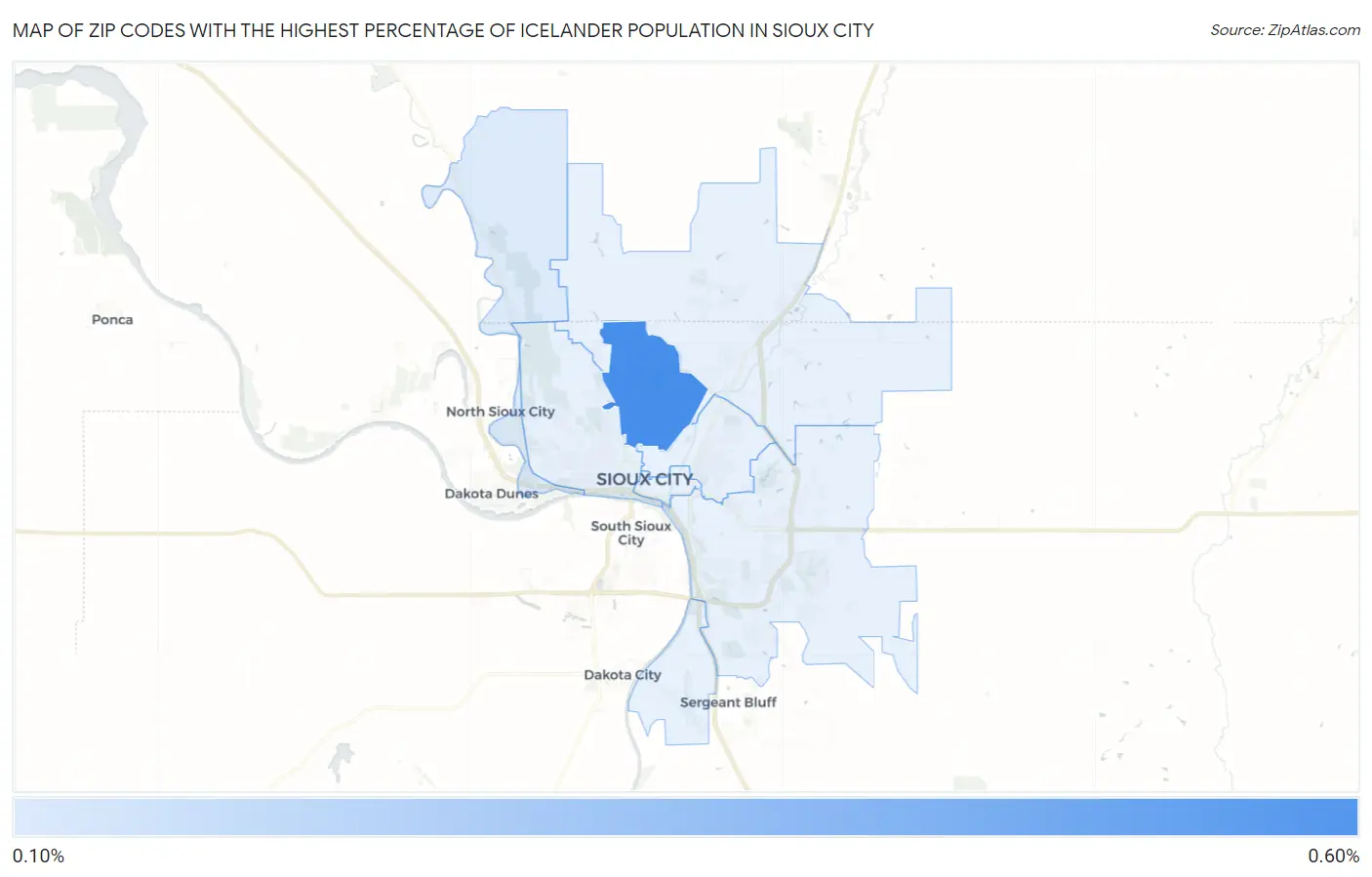 Zip Codes with the Highest Percentage of Icelander Population in Sioux City Map