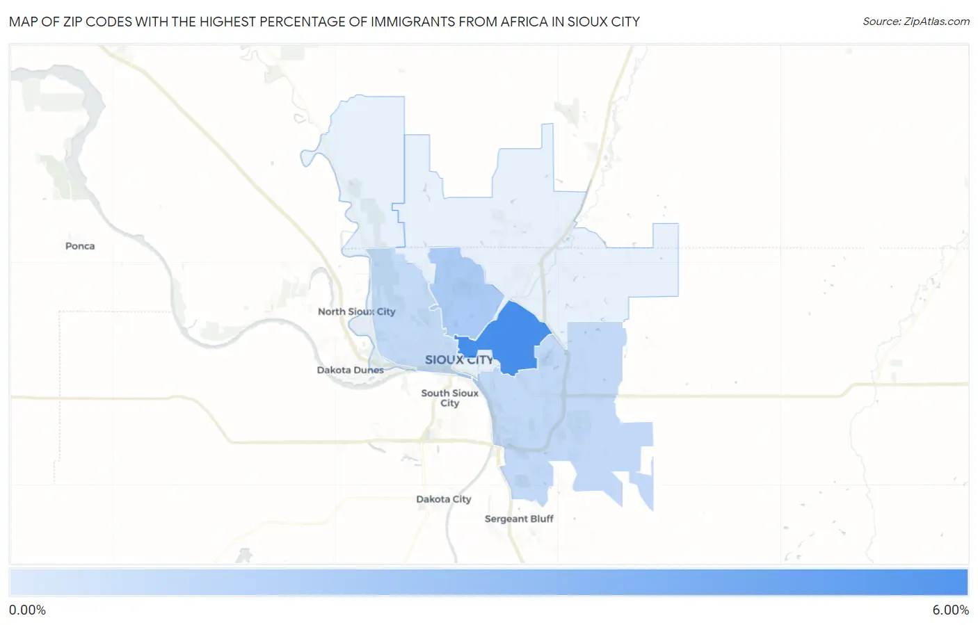 Zip Codes with the Highest Percentage of Immigrants from Africa in Sioux City Map